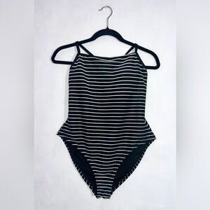 Mynah Women's  Size L Bathing Suit Black with White Stripes 1 piece Tie Closure‎
